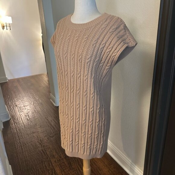 Entro Tan Sweater Dress with Crew Neck and Ribbed Knit - Picture 1 of 6